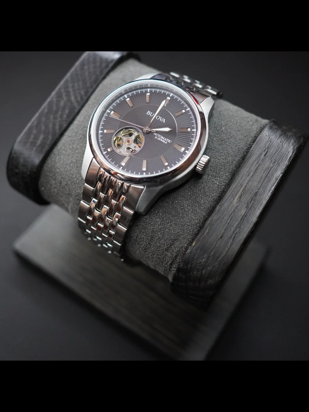 Bulova 96A190 Automatic 21 Jewels Open Heart Black Dial 40mm Men's Watch Runs